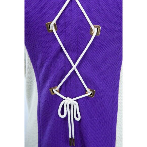 Vtg 1970's Mod Purple And White Lace Up Dress A Go Go Two Small Pockets Size 9 - Picture 2 of 10